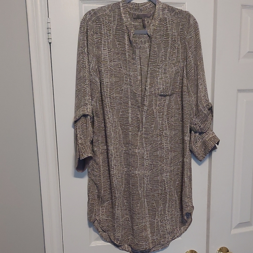 Halston Heritage Taupe & Cream Patterned Midi Dress